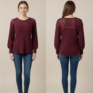 Eyeshadow burgundy maroon crochet detail ribbed blouse boho vibes S